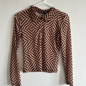 Zara Brown and Black Geometric Long Sleeve Top